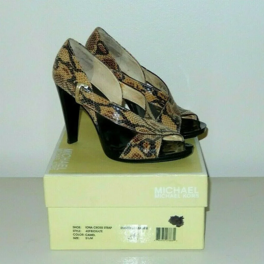 Michael Kors Heels 5.5 Iona Camel Reptile Snake Sandals Worn Once with Box